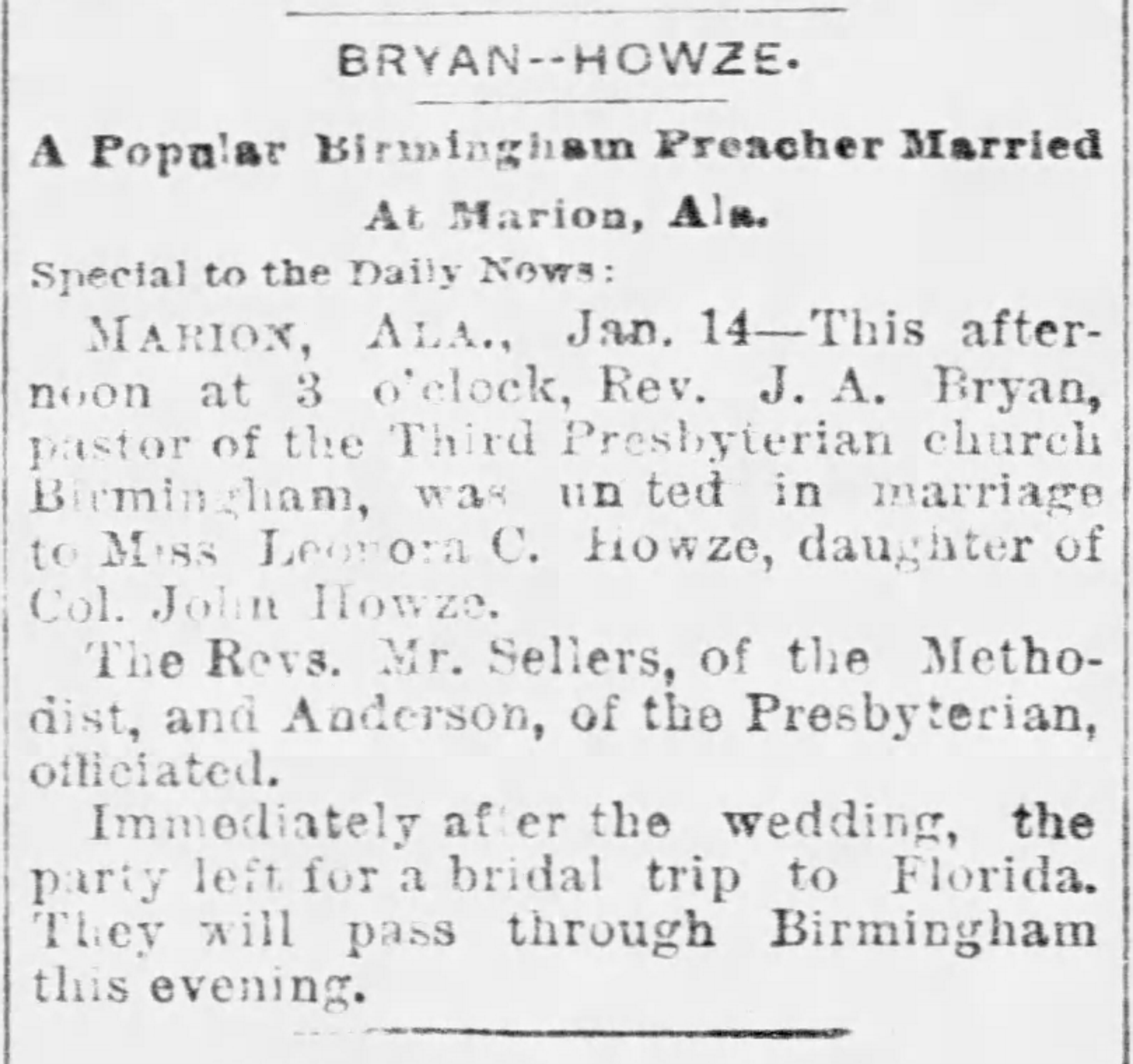 Bryan-Howze: A Popular Birmingham Preacher Married at Marion, Ala.